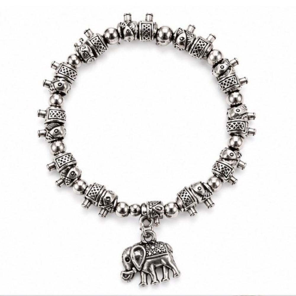 Bohemian Oxidized Silver Tone Elephant Charm Stretch Bead Bracelet Womens